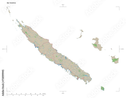 New Caledonia shape isolated on white. OSM Topographic German style map