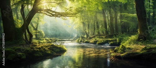 Tranquil Stream Flows Through Lush Green Forest Foliage with Peaceful Serenity