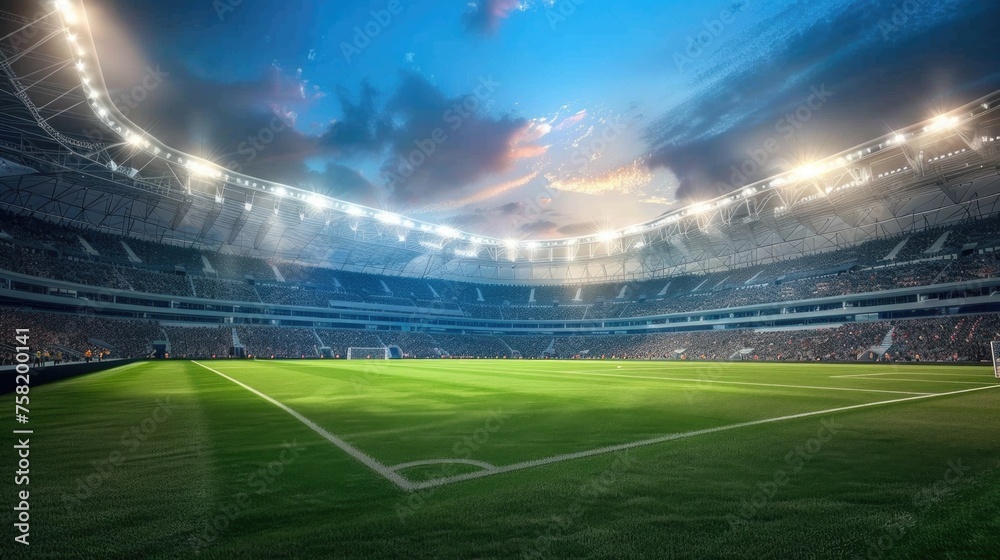 a soccer stadium filled with spectators during what appears to be dusk or dawn, with the sun setting or rising behind the structure. The field is lit by the stadium lights a soccer stadium filled with spectators during what appears to be dusk or dawn, with the sun setting or rising behind the structure. The field is lit by the stadium lights