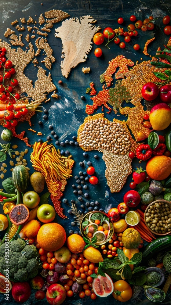 A colorful plate of fruits and vegetables arranged to look like a map of the world. The plate is filled with a variety of fruits and vegetables, including apples, oranges, broccoli, carrots