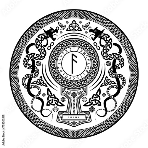 Ansuz Rune Shield: Vector Illustration with Norse Pagan Seal Design, Dragon Motifs, and Mjolnir Thor's Hammer Incorporation