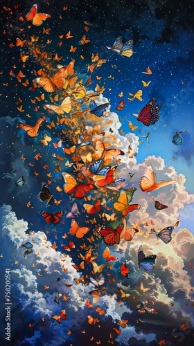 A painting of a cloud of butterflies with a blue sky in the background. The butterflies are of various colors and sizes, and they seem to be flying in a spiral motion