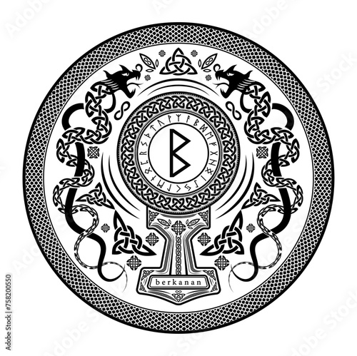 Berkanan Berkano Rune Shield: Vector Illustration with Norse Pagan Seal Design, Dragon Motifs, and Mjolnir Thor's Hammer Incorporation