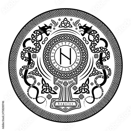Hagalaz Rune Shield: Vector Illustration with Norse Pagan Seal Design, Dragon Motifs, and Mjolnir Thor's Hammer Incorporation