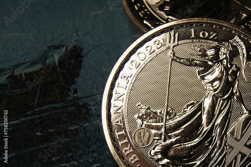 United Kingdom pure silver coin Britannia 1oz 2023. Close-up. High quality photo