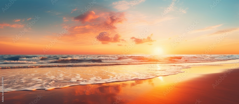 Serene Beach Landscape Silhouetted Against a Glowing Sunset Sky