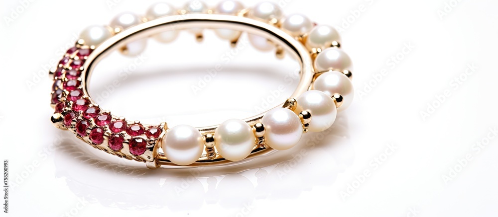 Elegant Gold Ring Adorned with Lustrous Pearls and Radiant Rubies, Luxury Jewelry Accessory Elegant Gold Ring Adorned with Lustrous Pearls and Radiant Rubies, Luxury Jewelry Accessory