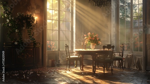 a room with a table and chairs, flowers and candles, in the style of rim light, bec winnel, award-winning, tondo, alfred heber hutty, li chevalier, atmospheric lighting photo