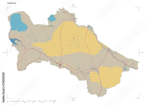 Turkmenistan shape isolated on white. OSM Topographic German style map