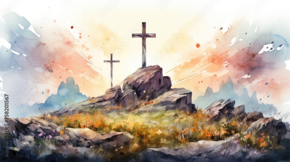 Three crosses at sunrise on the summit of the mountain. Generative Ai - obrazy, fototapety, plakaty 
