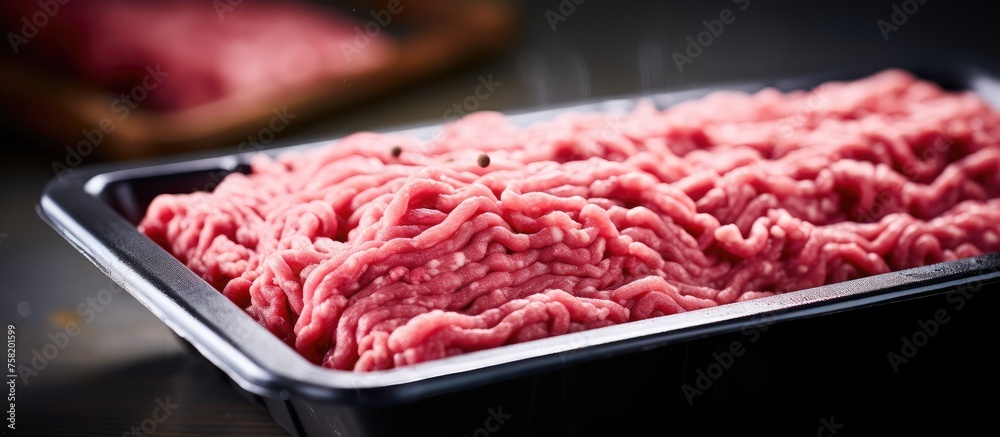 Fresh Ground Beef Displayed in a Black Container for Food Presentation Fresh Ground Beef Displayed in a Black Container for Food Presentation