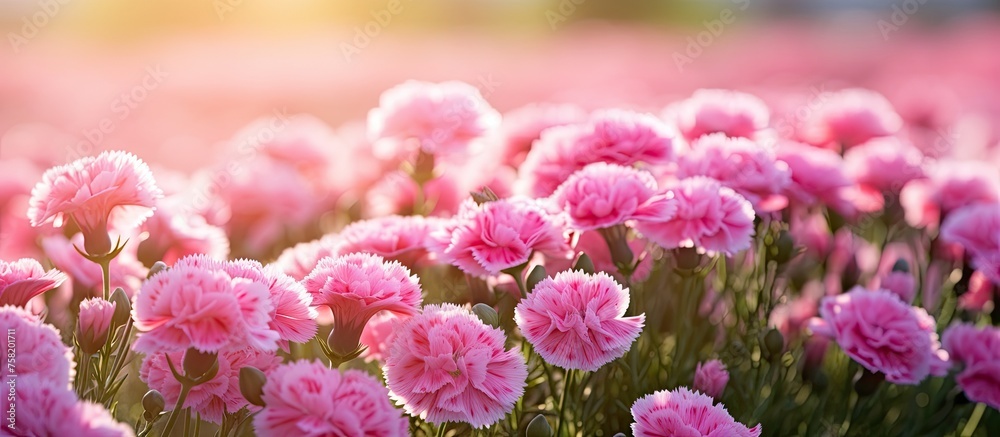 Vibrant Pink Carnation Flowers Blooming Under the Warm Sunlight in Spring Garden Vibrant Pink Carnation Flowers Blooming Under the Warm Sunlight in Spring Garden