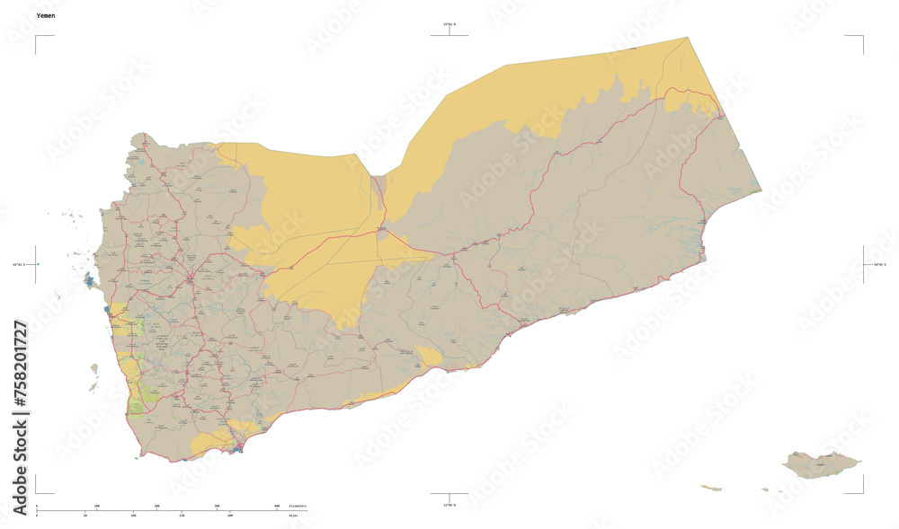 Obraz premium Yemen shape isolated on white. OSM Topographic German style map