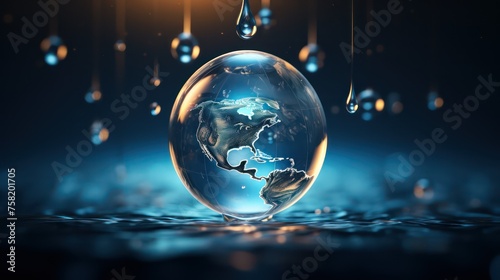 Globe with world map and falling drops of water.