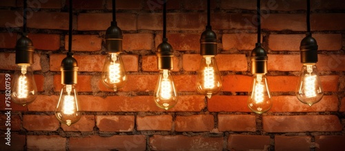 Rustic Vintage Light Bulbs Casting Warm Glow Against Textured Brick Wall Background