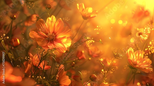 Golden Sunlight Symphony Vibrant Orange Flower Garden in Serene Sunset Glow