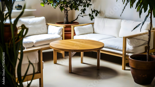 Boho interior design of modern living room, home. Rustic round wood coffee table against white sofa.