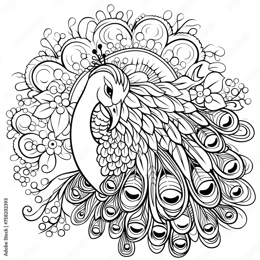 Fototapeta premium A beautiful peacock. Coloring page for adults