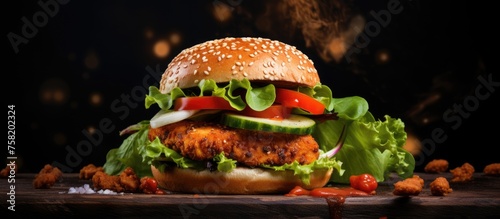 Savory Chicken Burger with Lettuce and Cheese on Dark Background