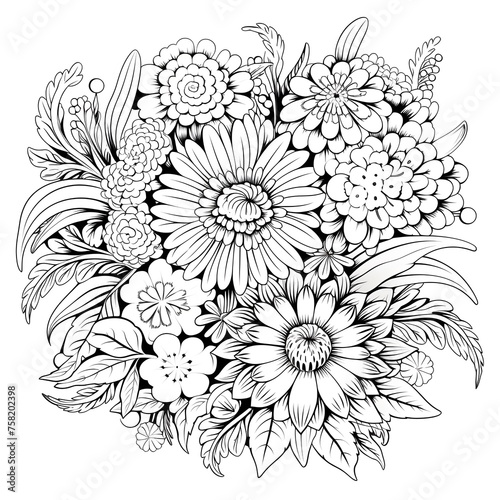 Coloring page for adults. A beautiful bouquet of flowers