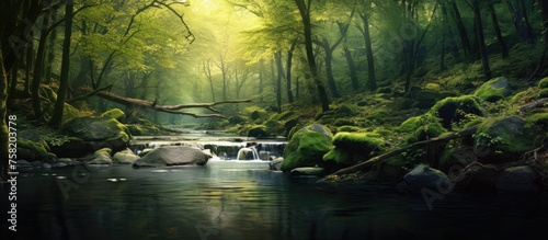Tranquil Stream Flowing Through Enchanting Forest in a Serene Nature Landscape
