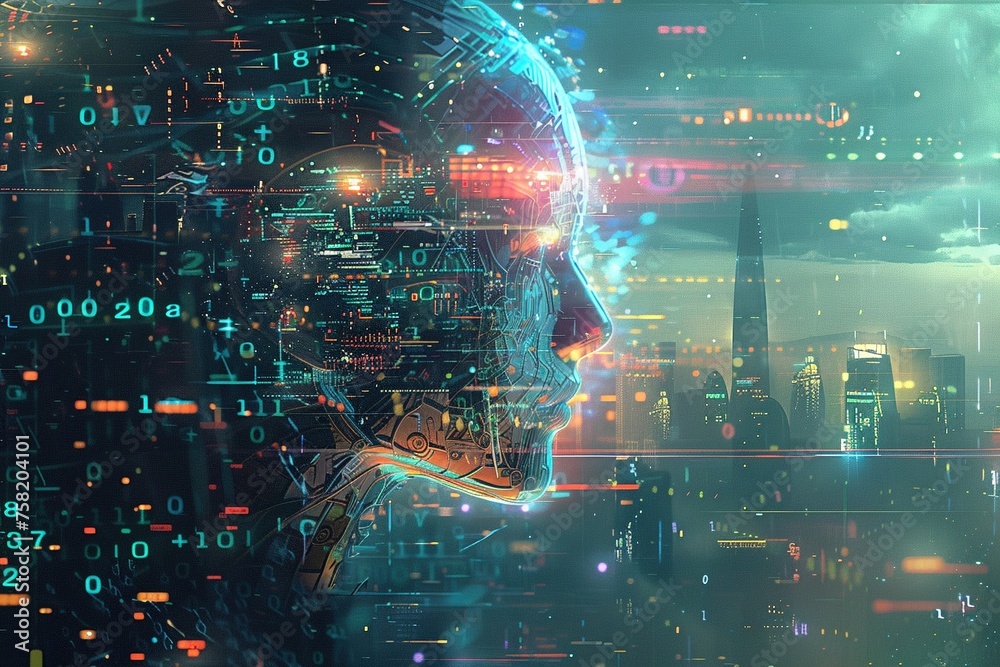 digital artwork depicting a powerful AI entity analyzing and manipulating big data - obrazy, fototapety, plakaty 