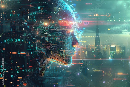digital artwork depicting a powerful AI entity analyzing and manipulating big data