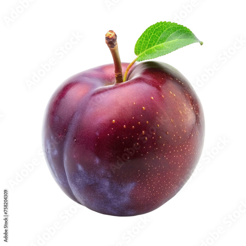 Ripe plum with green leave isolated on Transparent background.