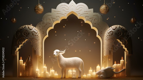 Ramadan Kareem greeting card with sheep and candles, 3d rendering