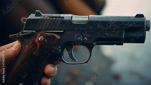 A practice pistol in beautiful designs and colors with a wooden handle. photo