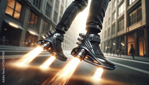 Person with jet-powered rollerblades soars over city street.