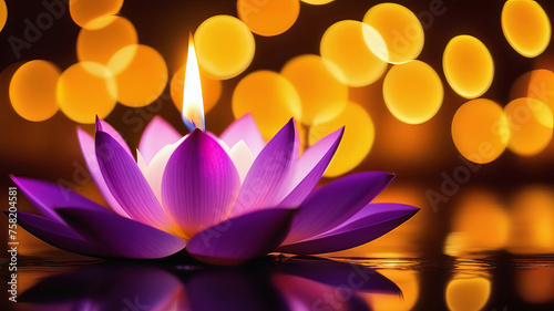 purple lotus flower candle  flower over bokeh background. lanterns and garlands made from flowers and candles. Concept holiday Vesak day  religious  buddhism  Loy krathong festival Thailand