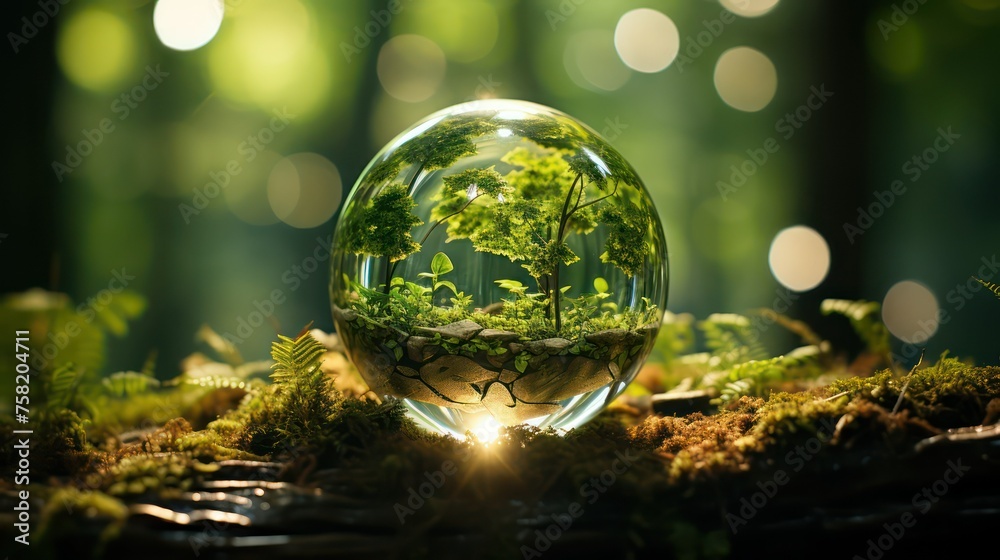 Glass ball with green grass and goldfish inside. Nature concept. Glass ball with green grass and goldfish inside. Nature concept.