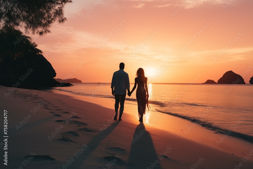 a young couple are walking on the beach 
