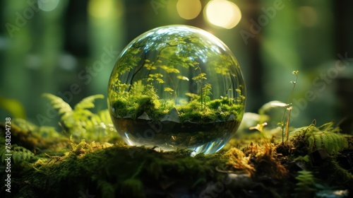 Glass globe in the forest with ferns and moss background.