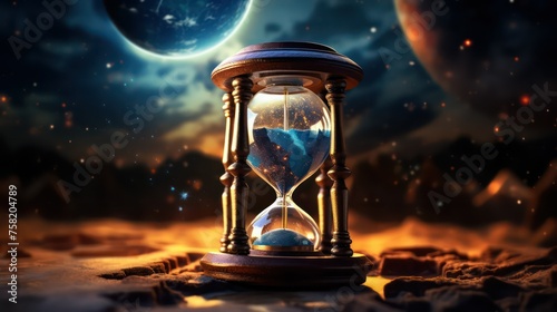 Time concept. Hourglass on planet background