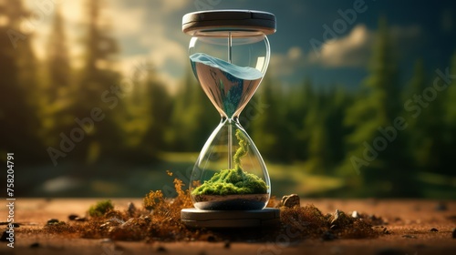 Time concept. Hourglass with sand and green plant on nature background photo