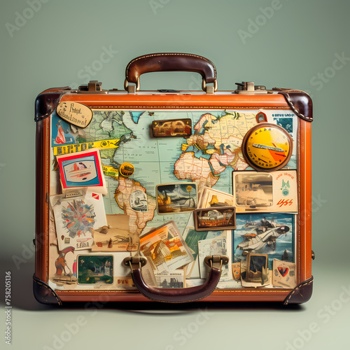 A vintage suitcase with travel stickers.