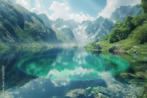 photo realistic image of a breathtaking natural landscape with a perfectly circular lake reflecting the beauty of the hi-tech world on the horizon. photo