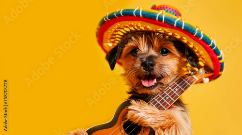 small red terrier dog in a Mexican traditional sombrero hat playing the guitar ukulele on a bright yellow orange background copy space Cinco De Mayo holiday Funny pets photo