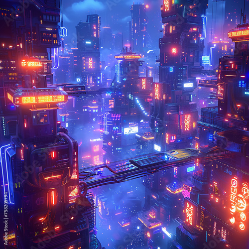 Design a futuristic cityscape with neon lights and sleek architecture