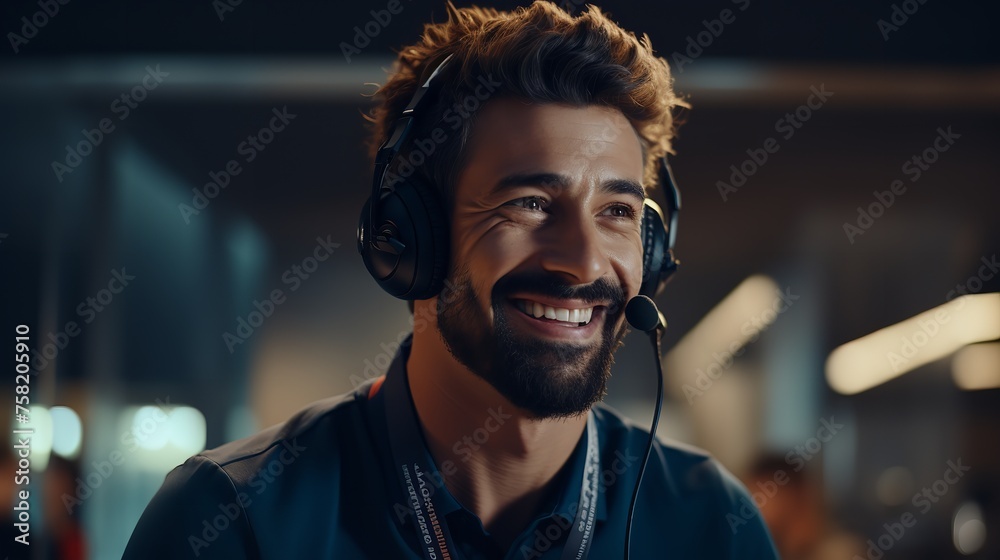 Professional Customer Support: Male Operator with Headset

 - obrazy, fototapety, plakaty 