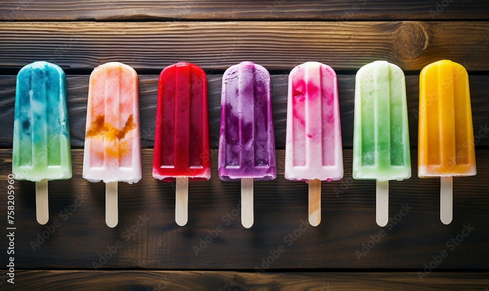 Colorful popsicles on wooden background. Top view, copy space Colorful popsicles on wooden background. Top view, copy space