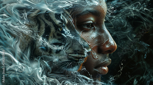 Produce a surreal portrait featuring merging elements of human and animal forms