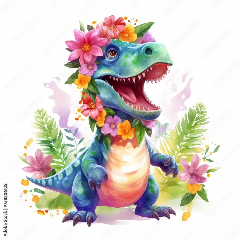Single object clipart of a dinosaur with a floral lei watercolor style