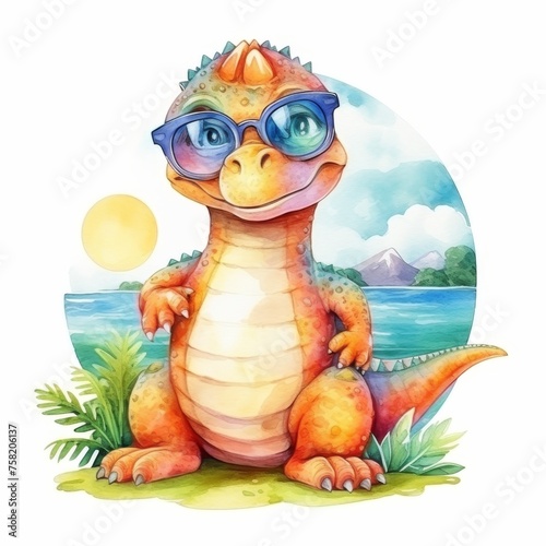 Watercolor illustration clipart of a charming dinosaur wearing sunglasses isolated on a white background © Pawankorn