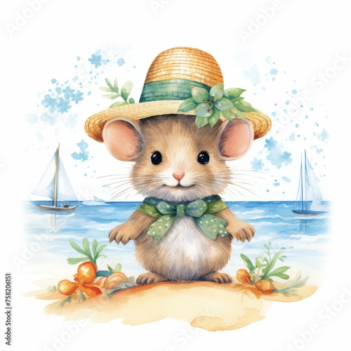 Watercolor illustration of a vintage mouse in spring attire adorned with seamless floral patterns © Pawankorn