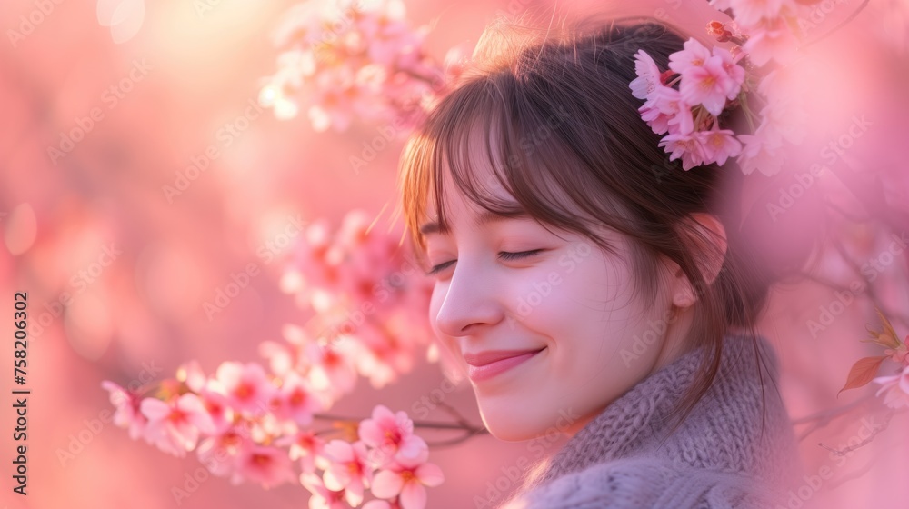 Beautiful young woman traveling in beautiful park with blooming cherry blossoms sakura flowers, enjoying the nature in spring, Tourist, generative ai