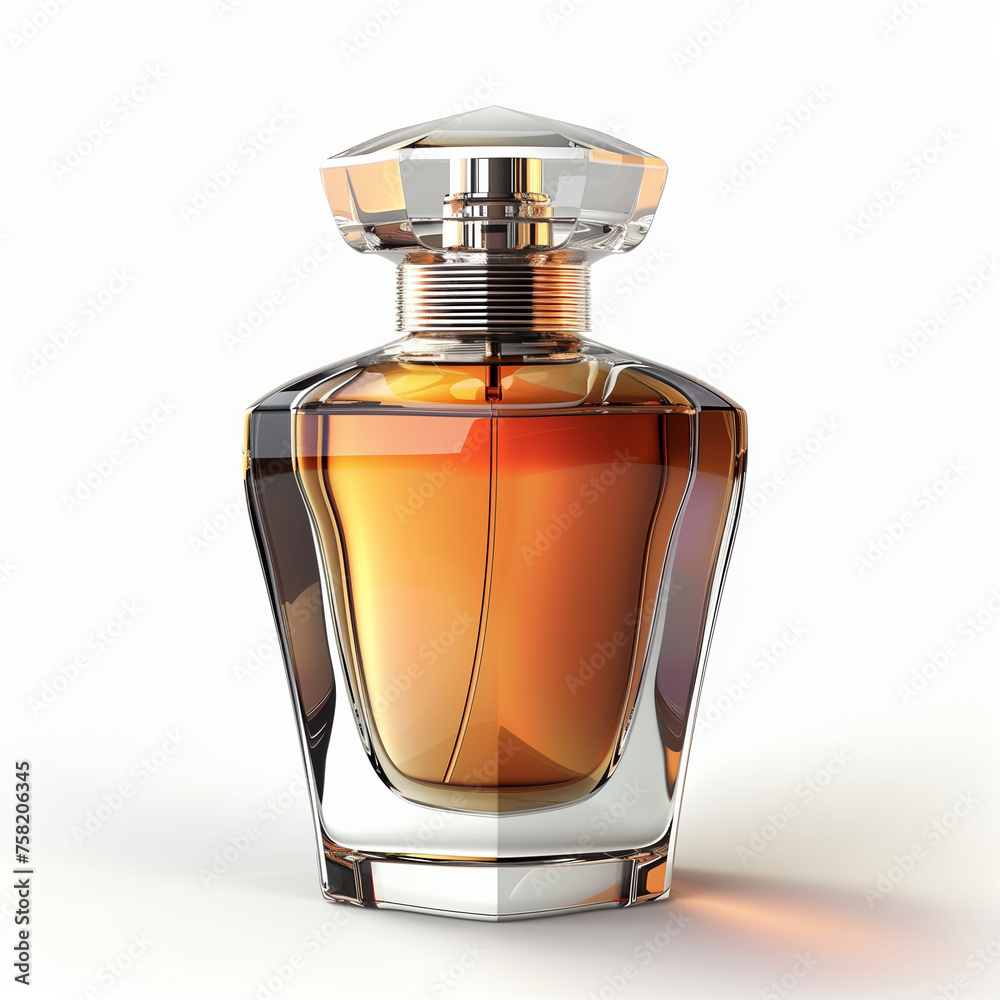 Luxury Perfume Bottle, Amber Liquid, High-end Fragrance on White Background Luxury Perfume Bottle, Amber Liquid, High-end Fragrance on White Background
