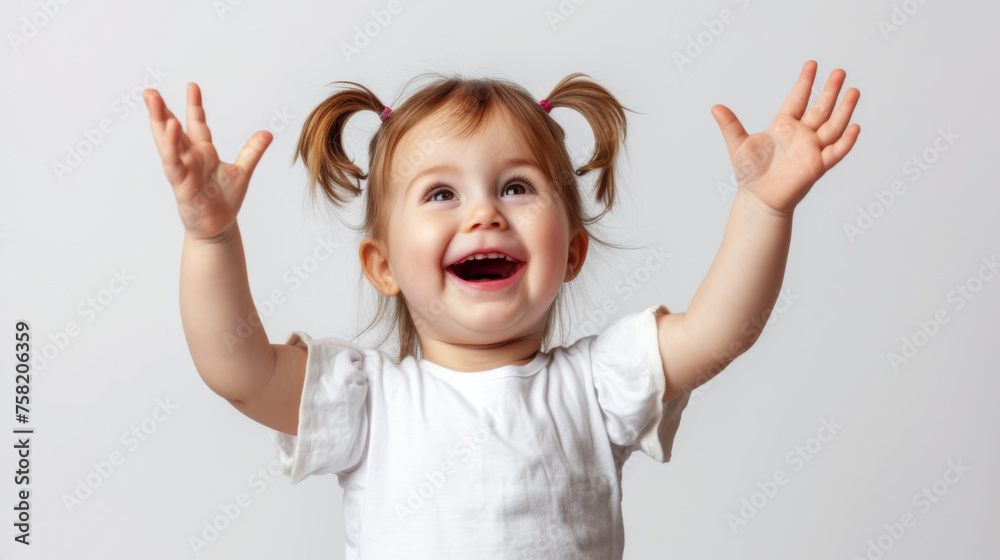 joyful toddler with pigtails is raising her hands in excitement and looking up, set against a plain light background joyful toddler with pigtails is raising her hands in excitement and looking up, set against a plain light background